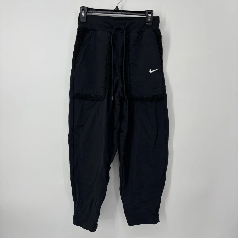 Nike Essential‎ Loose Fit High Rise Black Fleece Jogger Pants Womens Small